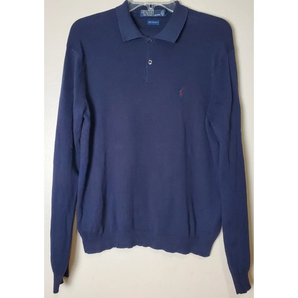 Vintage Polo Ralph Lauren Pima Cotton Italian Yarn Mens Medium Navy Blue Sweater